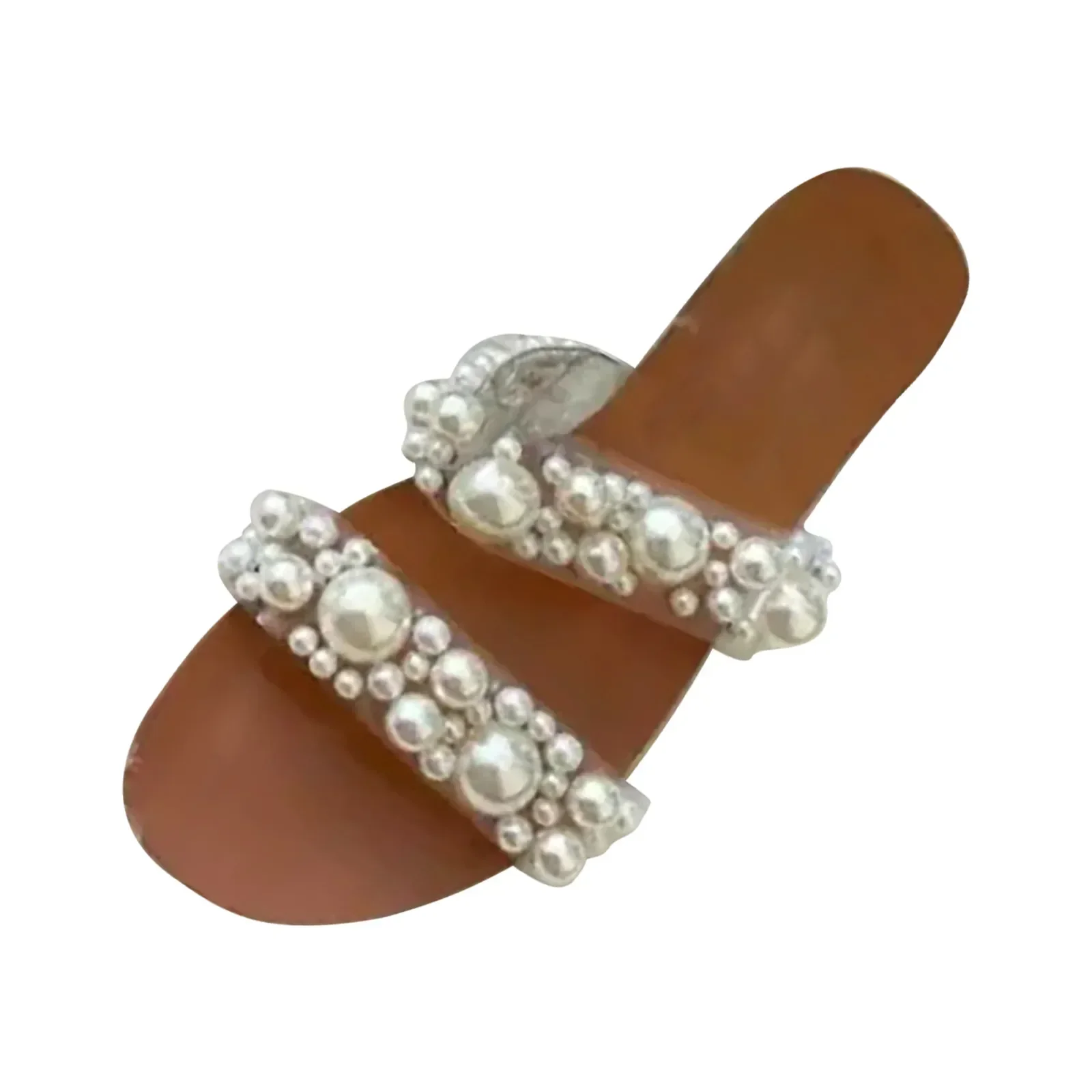 Women Bohemian Pearl Slippers Flat Bottom Sandals Summer Open Toe Ladies Shoes Crystal  Shoes