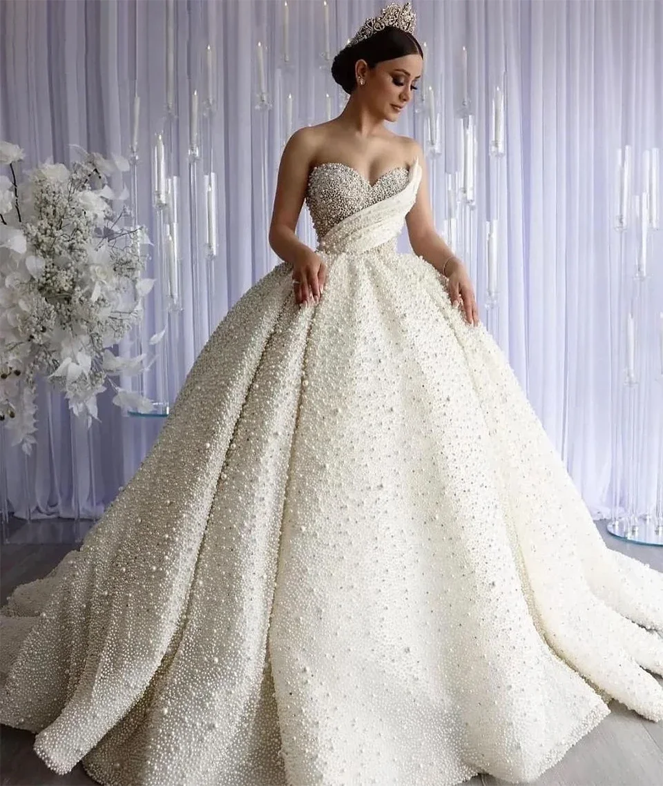 Customzied Dubai Luxury Pearls Beading Sweetheart Ball Gown Wedding Dresses Princess Sleeveless Bride Gowns Vestido De Noiva