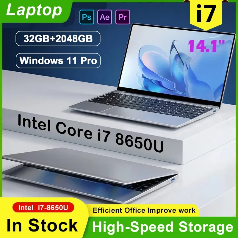 2026 New Ultra Slim 14.1 Inch Laptop Intel Core i7-8650U 32GB RAM 2TB M.2 SSD Windows 11 Pro Business Office Student Computer