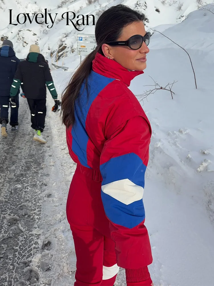 Fashion Women Skiwear Stand Collar Belt Zipper One-piece Female Jumpsuit Colorful Lady Bodysuit For Skiing 2026 Winter