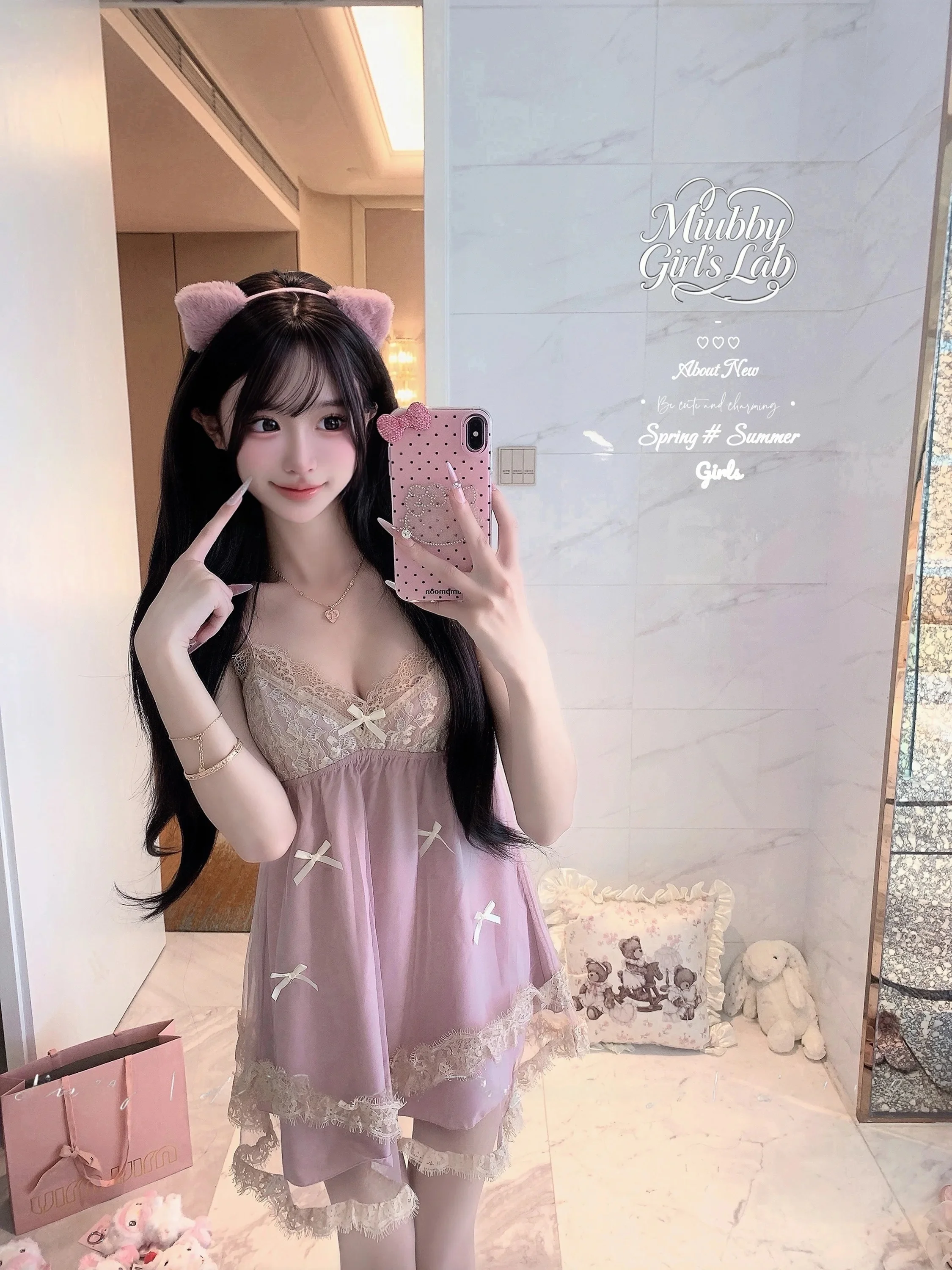 Miubby Sweet  Knot Lace Trim Chemise Nightgown Summer Vacation Style Short Sleeve V Neck Pure Color Home Wear