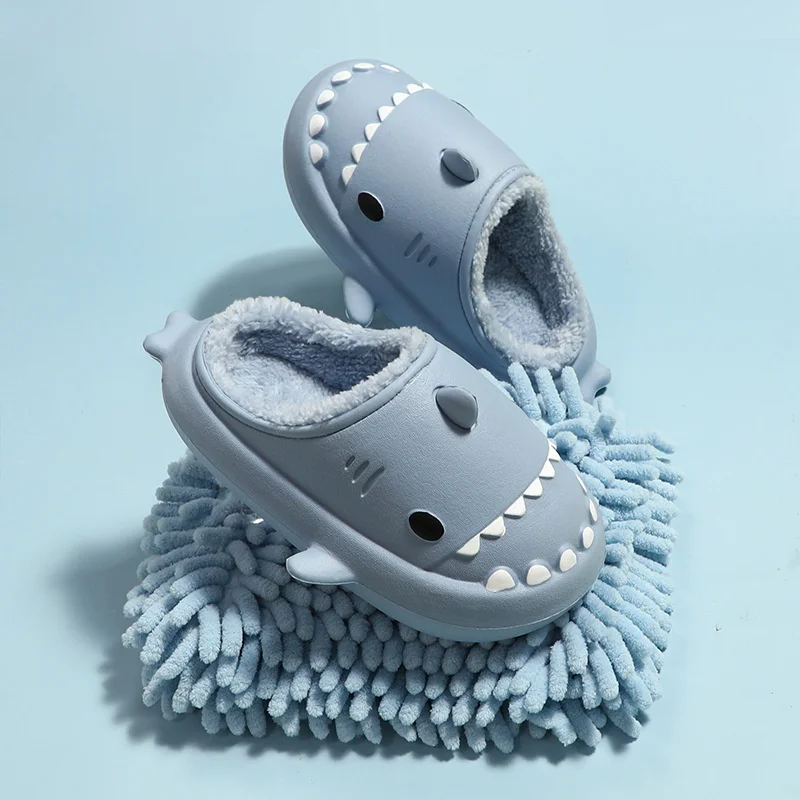 Couple Family Slippers Winter Man Women Cartoon Shark Home Slippers Women's Indoor Waterproof Thick Bottom Plush Kids Slipper