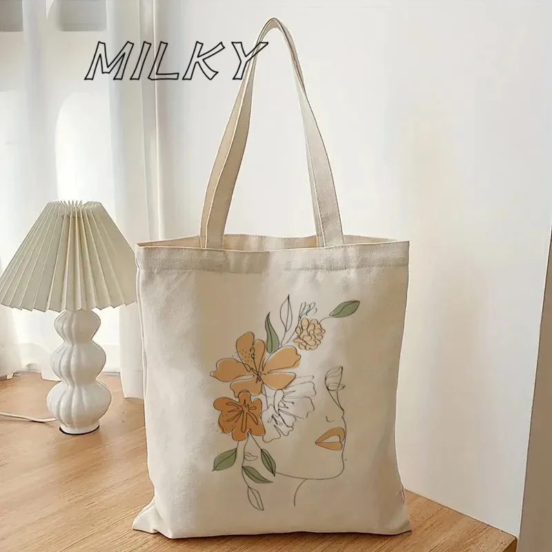 Women Canvas Bag Fashion Abstract Line Face Shopping Bag Casual Shopper Bag Minimalist Student Handbag Tote Shoulder Lady Bags