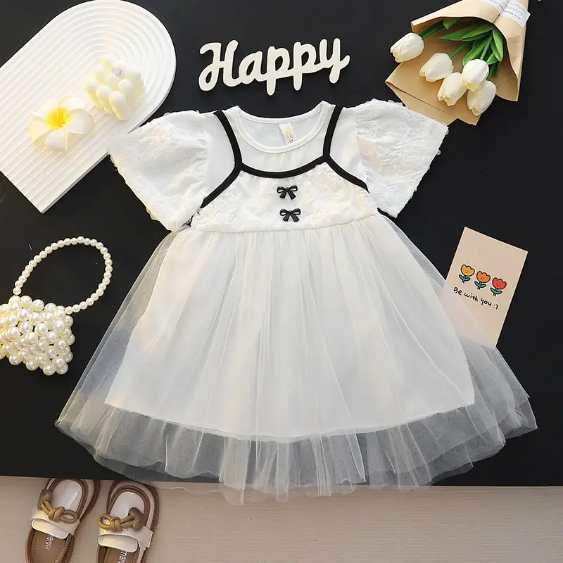 Summer New Girls Contrast Color Crew Neck Screw Thread Bow Spliced Gauze Sweet Chic Fake Two Pieces Short Sleeve Princess Dress