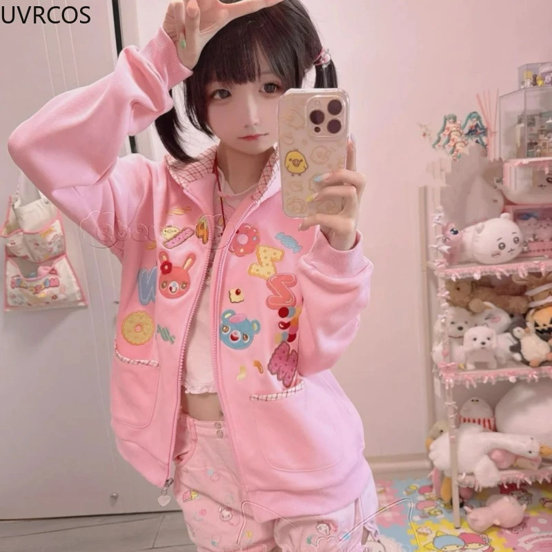 الوردي Kawaii منقوشة هوديس معطف اليابانية 2025 الملابس النسائية Y2k سستة طويلة الأكمام مقنعين الكرتون نمط جيب بلوزات