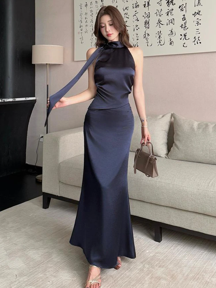 

Women's Navy Blue Satin 2 Pieces Set Halter Neck Bow Tops And Long Mermaid Skirt Elegant Formal Party Outfit Daily Casual Summer