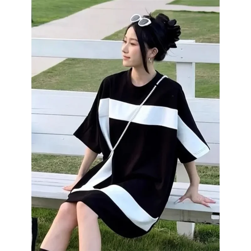Women's New Design Stitching Contrasting Color Mid-length T-shirt Loose Slimming Dress