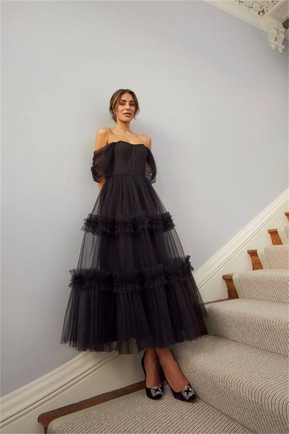 Amanda Off Shoulder Evening Dress Black A-line Prom Dress 2023 Sexy Perspective Party Dress Knee Lenght فساتين مناسبة رسمية