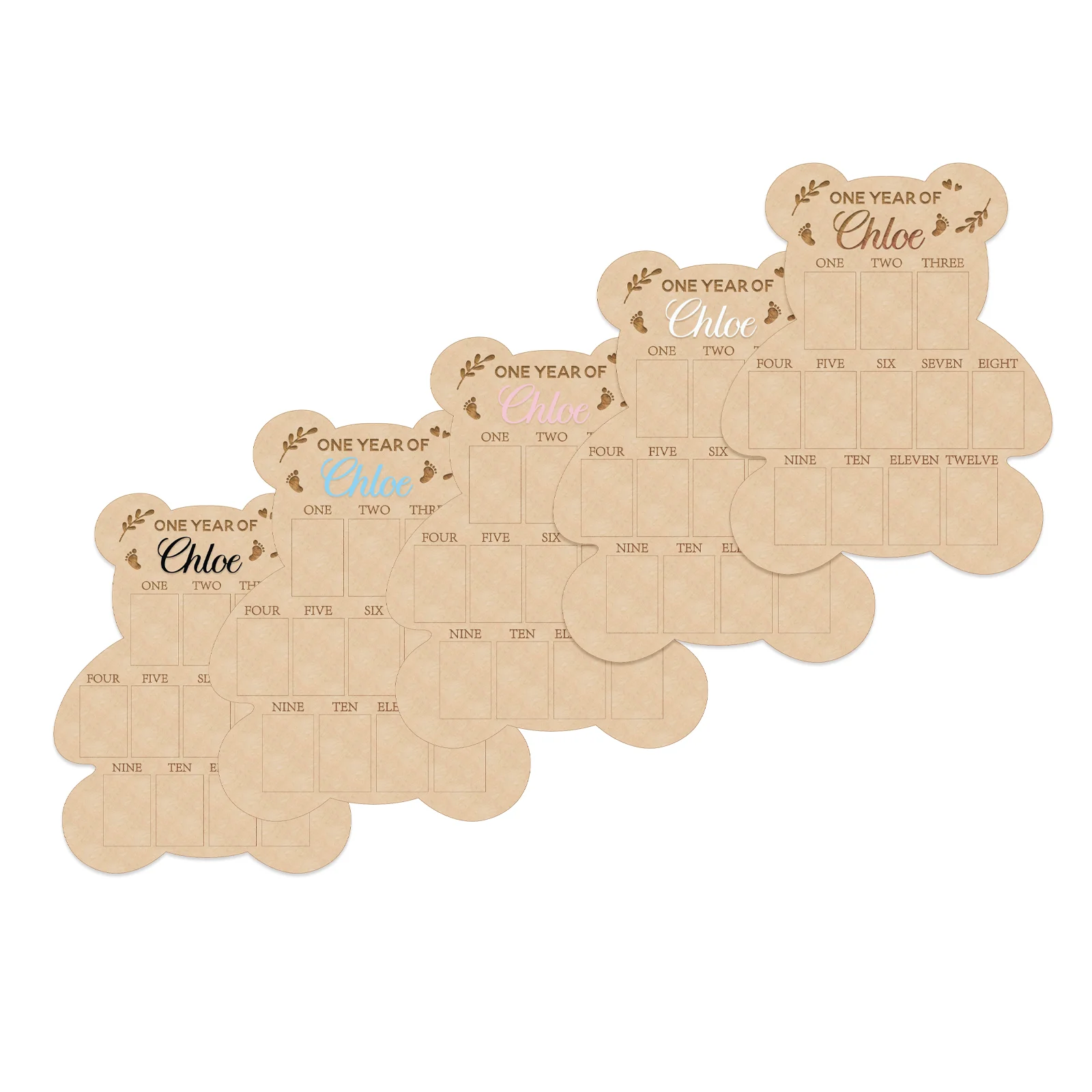 

Personalized Bear Design Baby Photo Board - Custom Name with 5 Color Options, 12 Monthly Slots (16"x12.87")