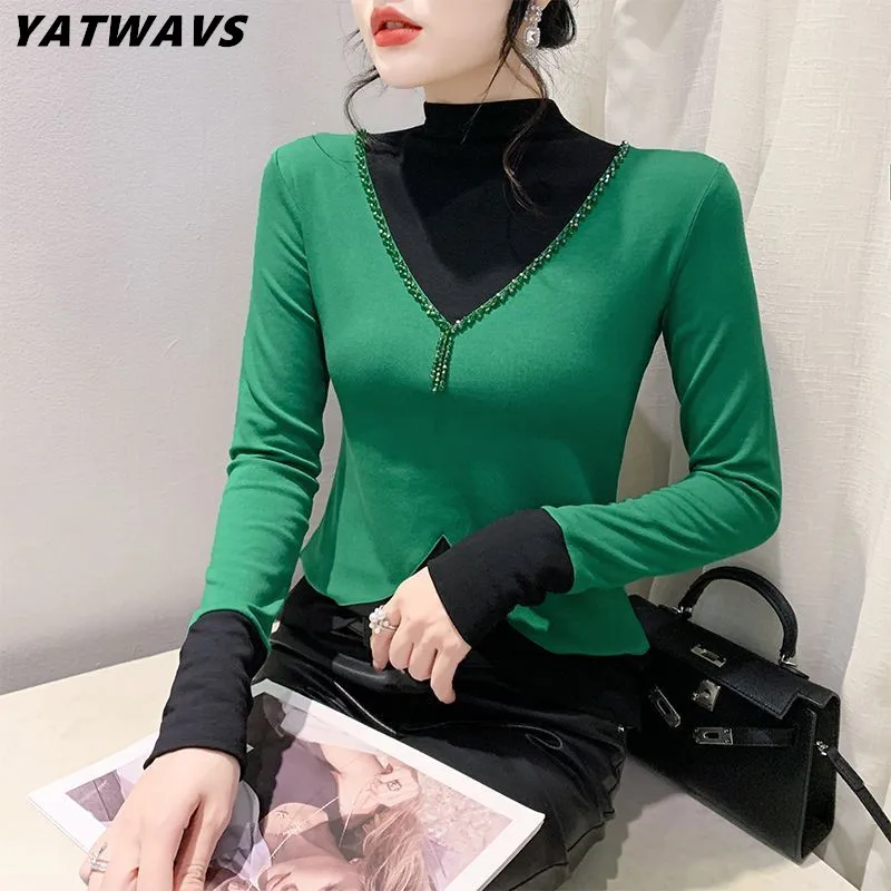 

High Quality Thicken Hand Made Beading Women’s T-shirt Exquisite Stand Collar Slim Cotton Tops Long Sleeve Chic Tassels Tees