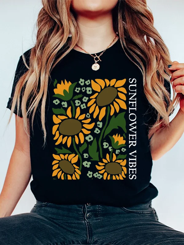 

Sun Flowers Vibes Female T-shirt Classical Vintage Fashion Sun Flowers Print Women Shirt New Literature and Art Lover Girl Tee