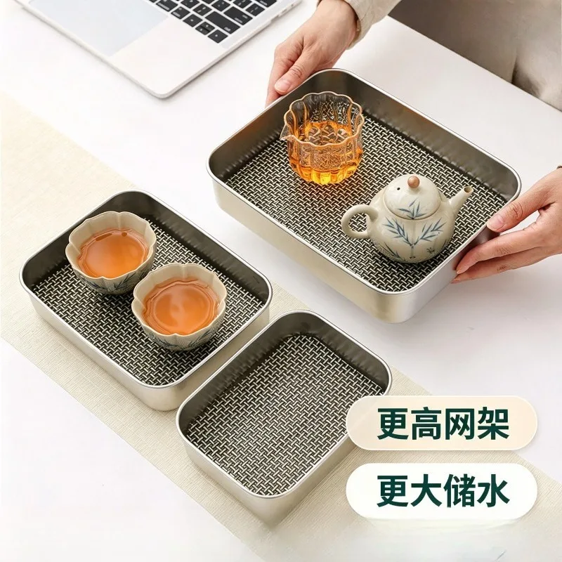 Thickened Stainless‑Steel Serving Tray, Water‑Storage Drip Plate, Compact Dry‑Brew for Household Office Desktop Drinking