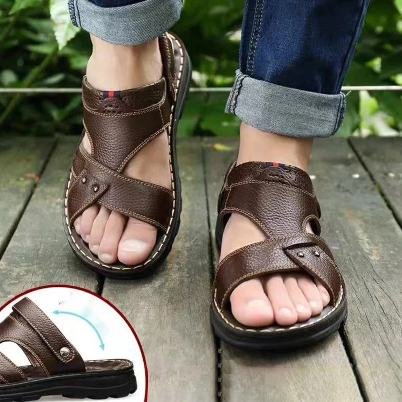 Sandales en cuir véritable pour hommes, chaussures décontractées, respirantes, imperméables, semelle souple, été, 2024