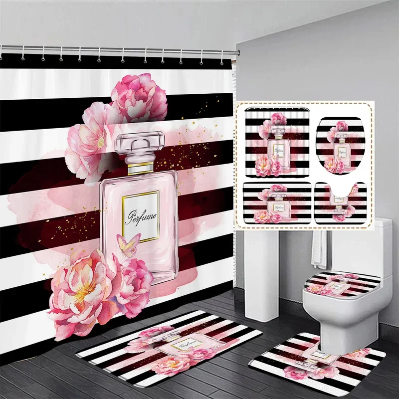 Fashion perfume shower curtain set pink flowers butterfly black white stripe girls home bathroom decor bath mat toilet lid cover