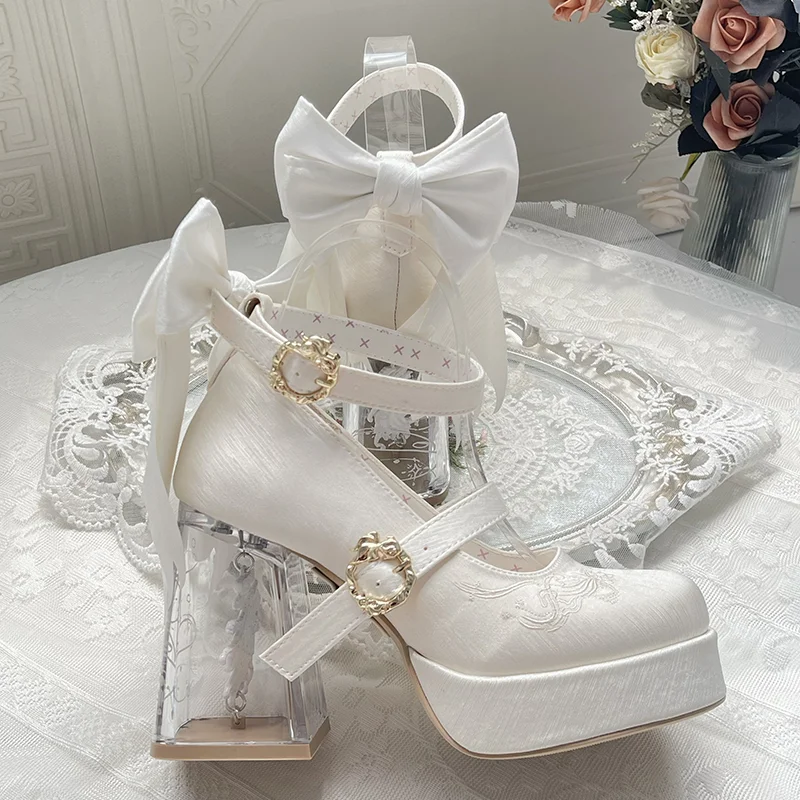 Japanese Original Lo Shoes Transparent High Heel Waterproof Table Bow Satin High Heels Women's Lolita Round Head Mary Jane Shoes
