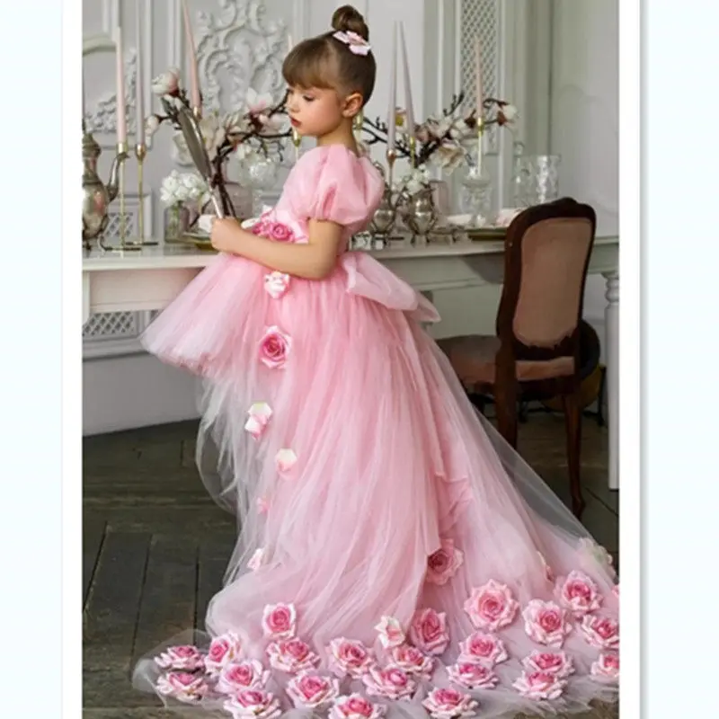 Vestido de princesa rosa para meninas, trem inchado, tule, festa de aniversário, crianças, concurso, performance, flor, menina, roupas infantis