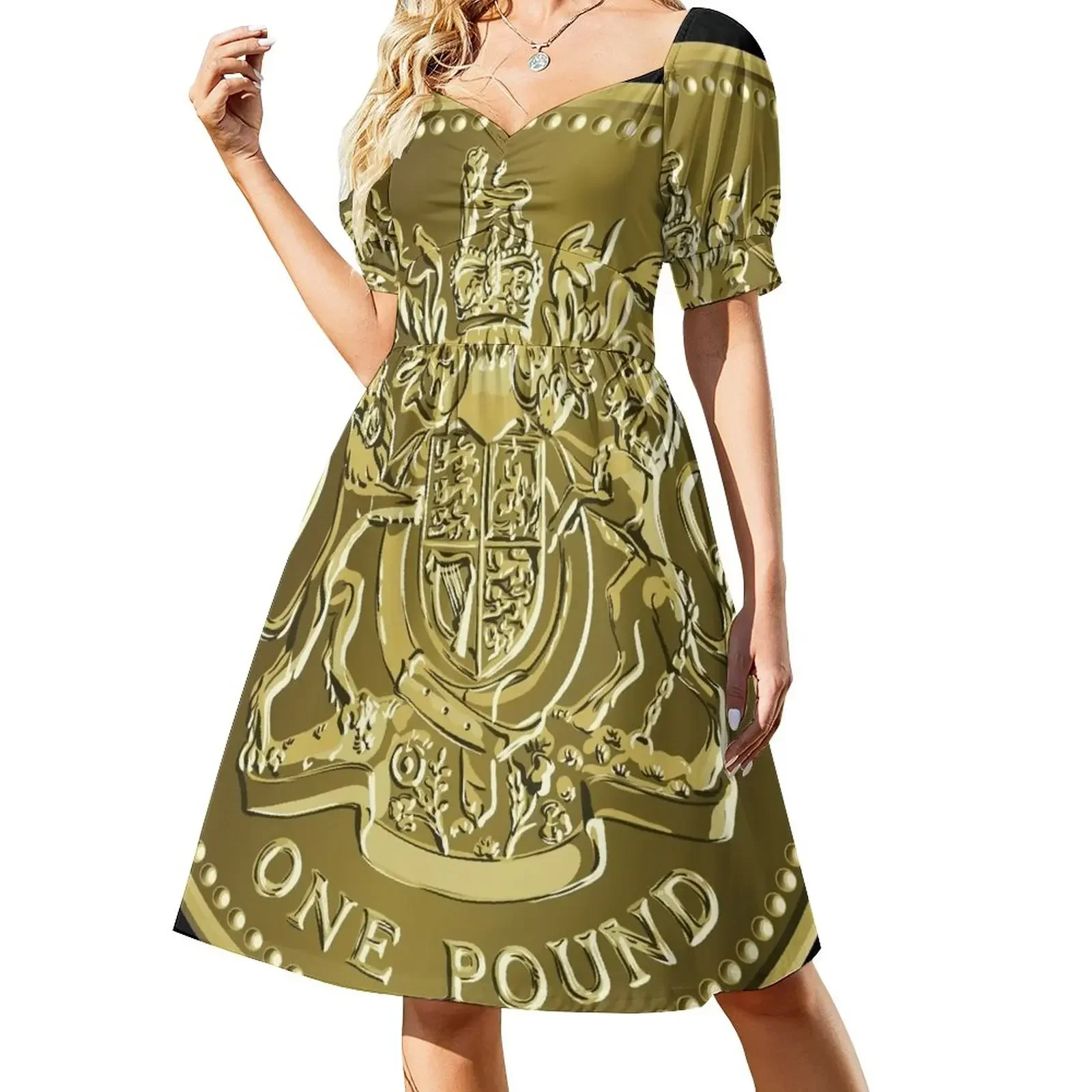 

British money gold coin one pound Short-Sleeved Dress Women's summer dress women's evening dresses