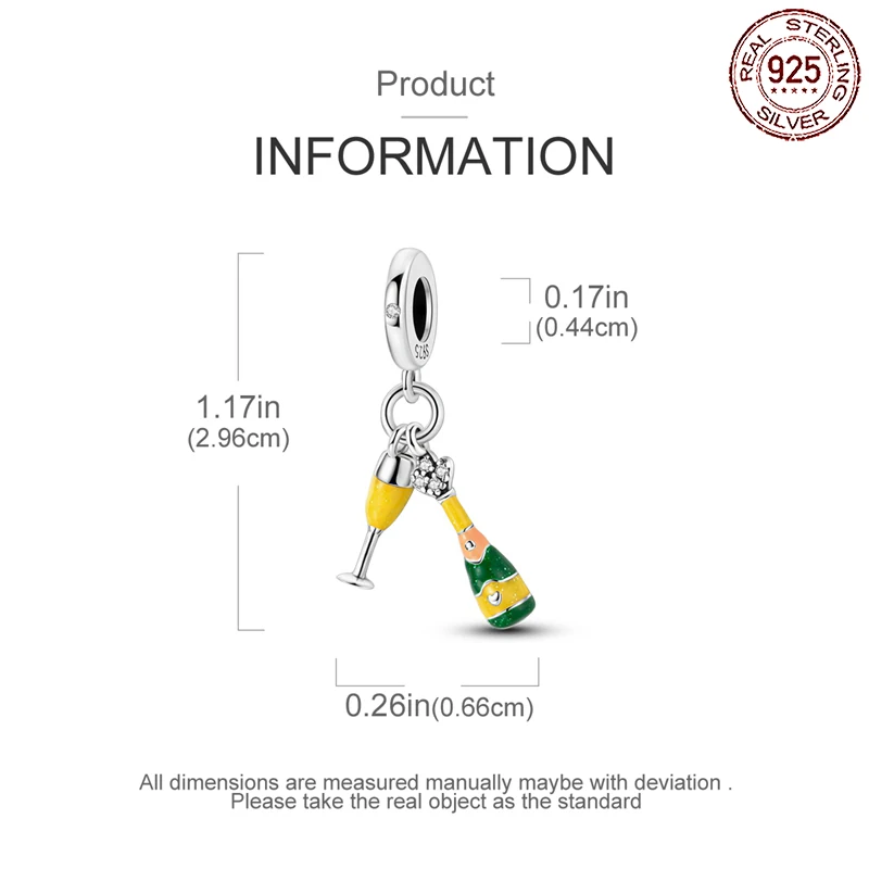 بدلاية من الفضة الإسترليني جذابة للنساء ، شامبانيا ، زجاج نبيذ ، أصفر ، يناسب أساور الباندورا الأصلية ، هدية مجوهرات سهلة الاستخدام