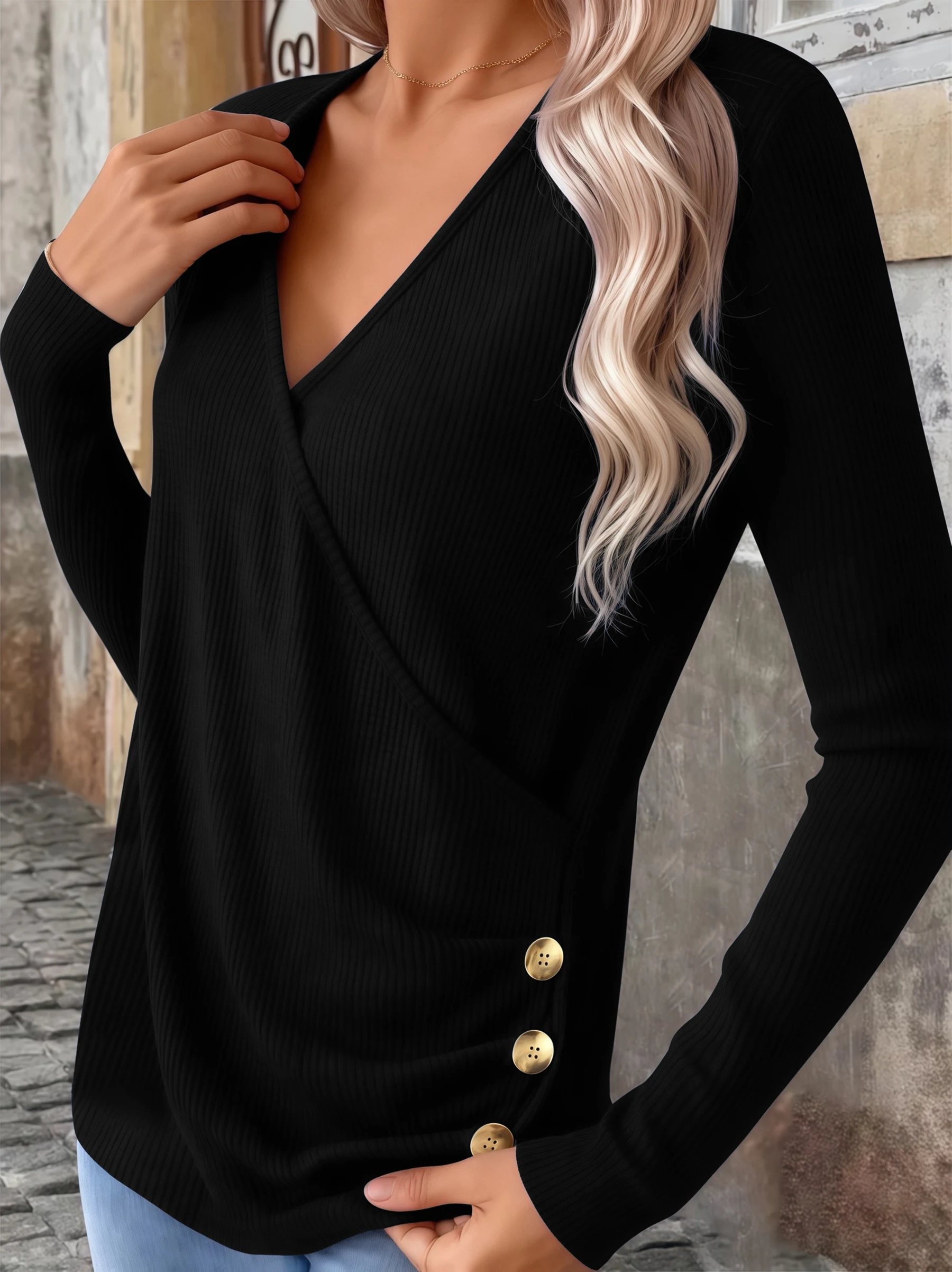 우아하고 패셔너블한 여성용 단색 브이넥 긴팔 니트 탑 버튼 디테일과 패널 디자인