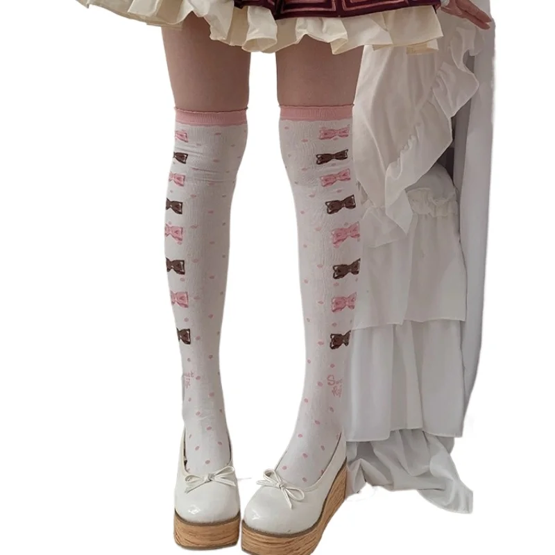 Japanese Polka Dot Bow Lolita Socks Women's Autumn and Winter Knee Socks Thick Combed Cotton Lolita Japanese Skinny Leg Sockings