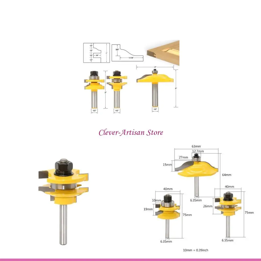 

E06B 3pcs 1/4" Shank Stile Router Bits Raised Panel Cabinet Door Knife Milling Cutter Woodworking Tools
