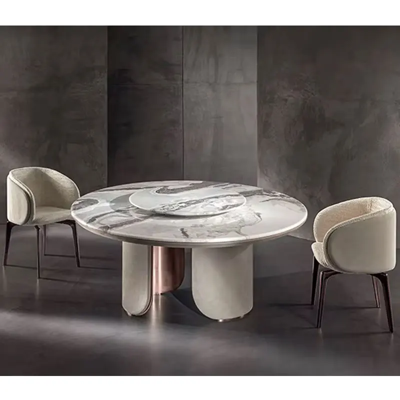 Luxury Light Grey Marble Top Dining Table with Metal Legs Purple Velvet Chairs for Home for Apartment Use Available at Boutique