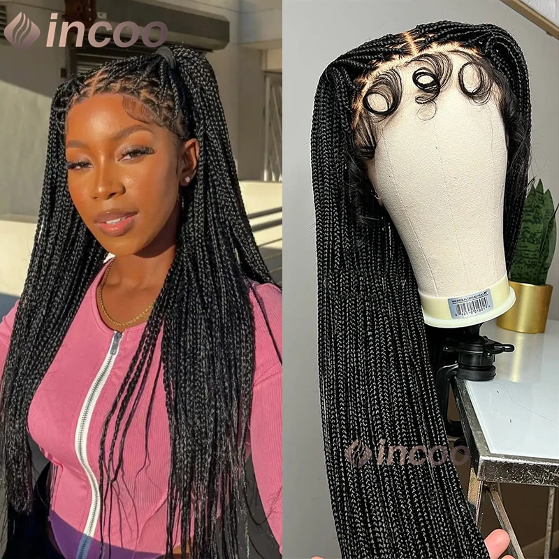 36 Inch Knotless Braided Wigs Synthetic Full Lace Front Cornrow Braids Small Box Square Hair Wigs African Hair