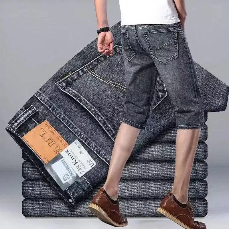

Summer Thin Elastic Denim orts Men's 5-Point Pants Casual Loose Straight Tube Mid-Pants Trendy Low Waist Straight Leg...