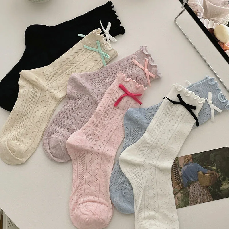 

Japanese Sweet Women Bowknot Middle Tube Socks Wood Ear Edge Bow Knotted Socks Summer Breathable Mesh Crew Socks Sandals Socks