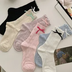 Japanese Sweet Women Bowknot Middle Tube Socks Wood Ear Edge Bow Knotted Socks Summer Breathable Mesh Crew Socks Sandals Socks