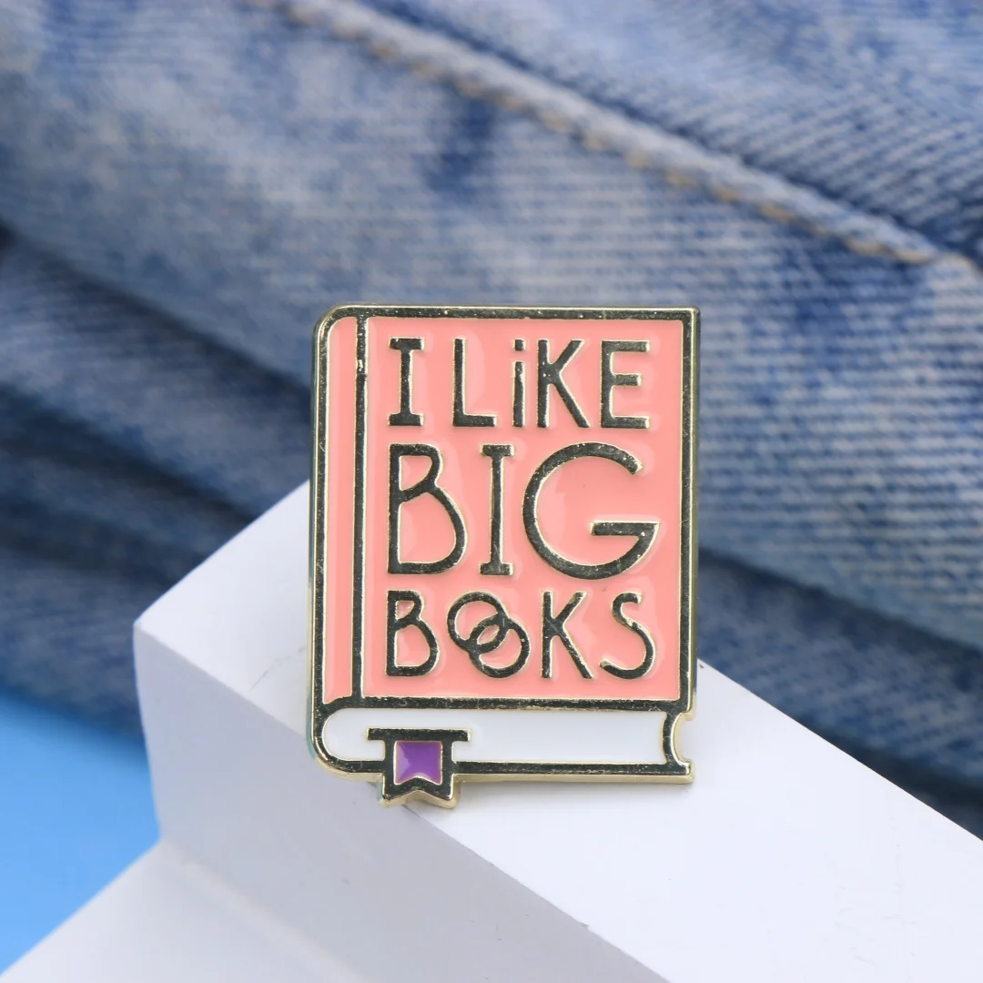 I Like Big Books Slogan Enamel Lapel Pin, Pink Book Shape Letter Cartoon Metal Brooch Badge, Bookworm Punk Decor for Jackets