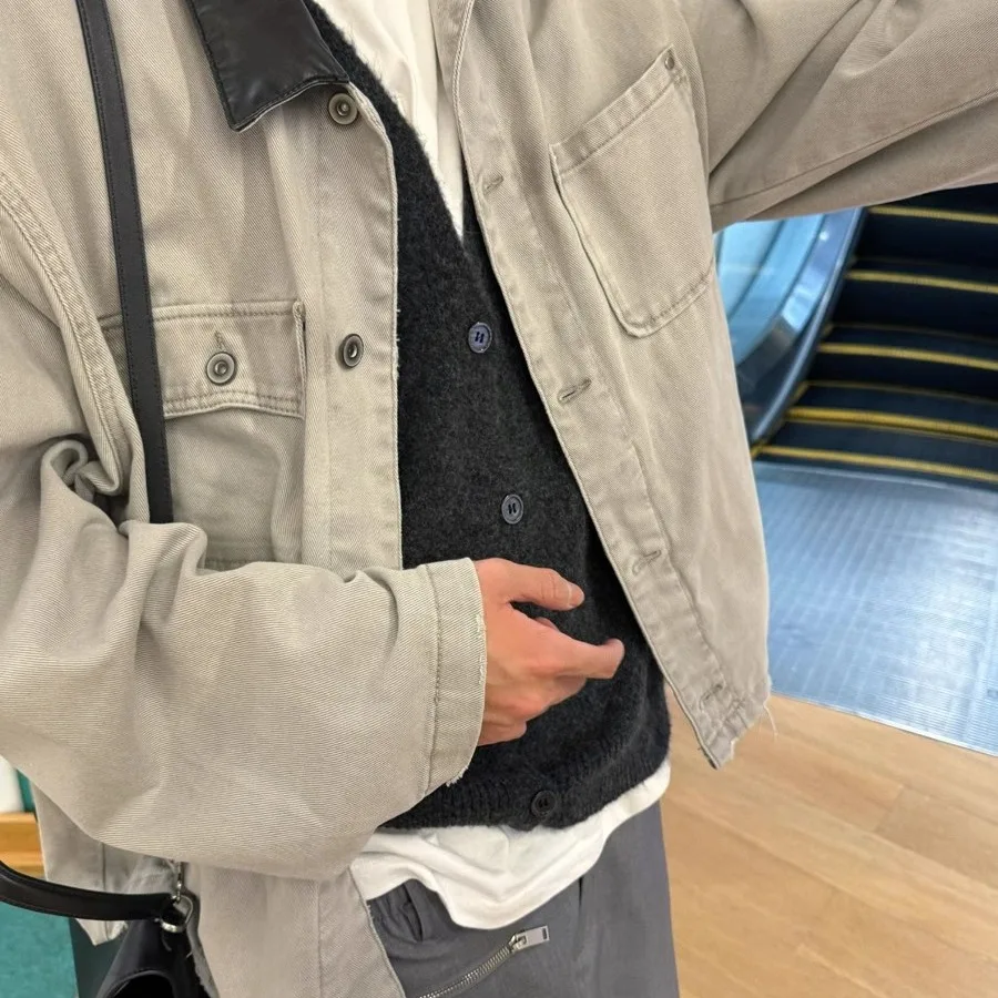 

Oversize Loose American Sle Jeans Jaet for Men with Leather Collar Splicing Heavyweight Autumn Winter Outerwear