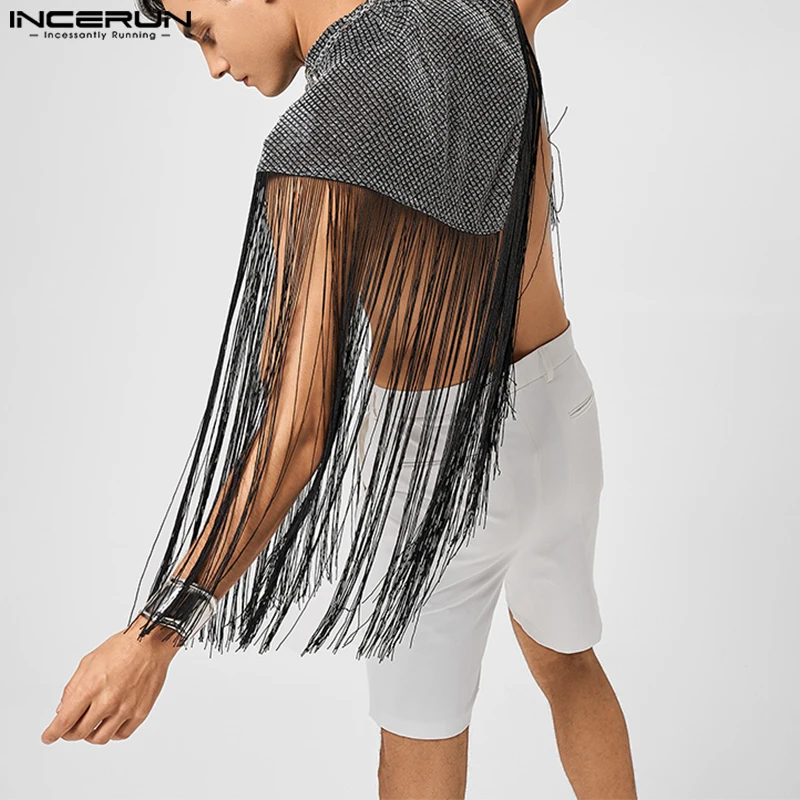 INCERUN Men Tank Tops Tassel Patchwork Shiny Turtleneck Sleeveless Irregular Cloak Cape Men Streetwear 2025 Fashion Thin Vests