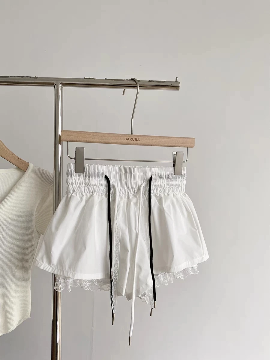 

Женские летние кружевные широкие брюки с высокой талией, супер короткие брюки, женская уличная одежда, свободные шорты с завязками на талии