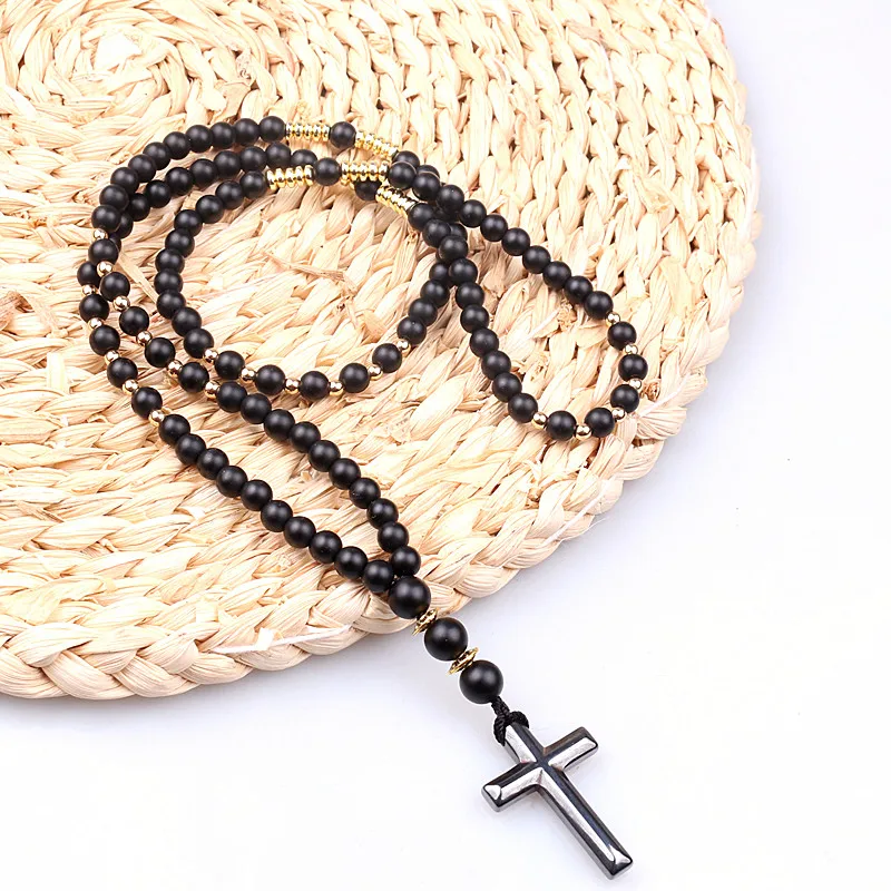 Man\'s unique necklace 6mm Natural stone bead & Hematite Cross Pendant Necklace Fashion Jewelry