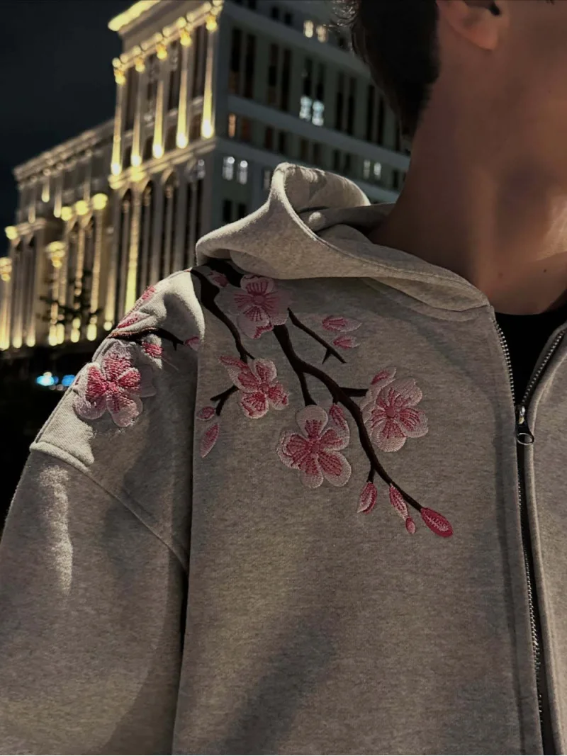 Women Loose Full‑Zip Hooded Sweatshirt, Cherry Blossom Floral Print Grey Long Sleeve Casual Outerwear 2026