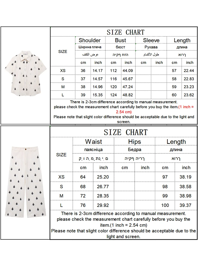 TRAF 2 Pieces 2024 New Embroidery Blouse Pant Sets For Women Fashion Short Sleeve  Shirt Top Zipper Wide Leg Pant Casual Suit