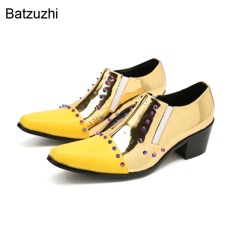 Batzuzhi Rock Handmade Men's Shoes Pointed Toe Golden Leather Dress Shoes Men 6cm Heels Slip on Business, Party, Wedding Shoes!