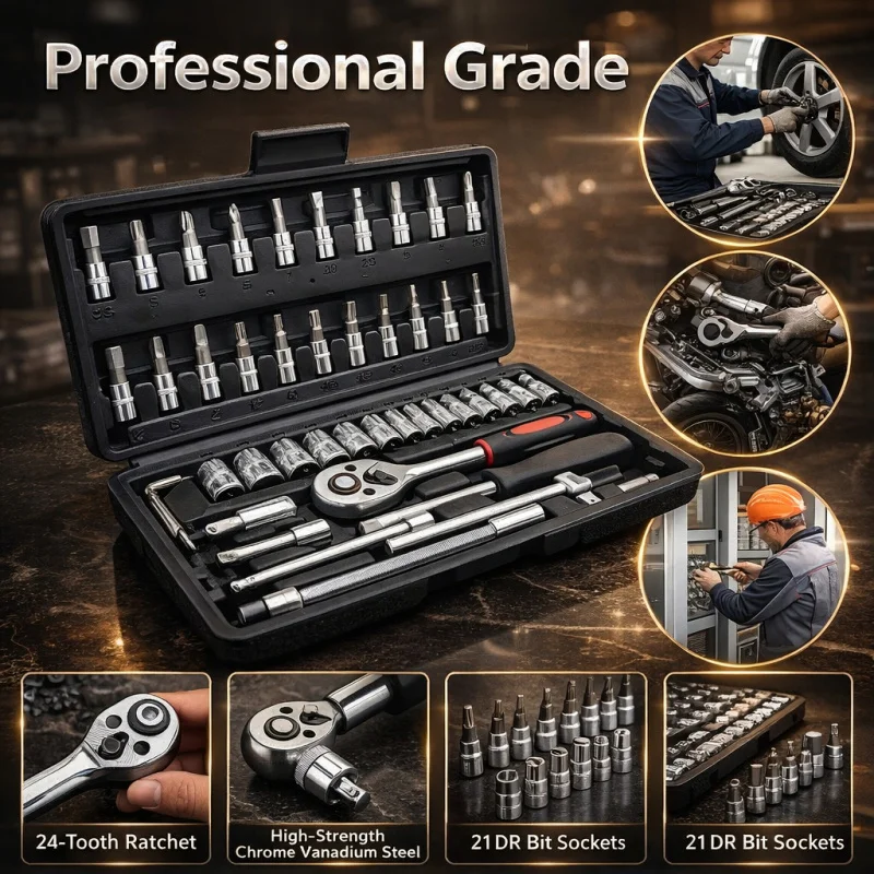 46pcs Automotive Repair Tool Set, Featuring Carbon Steel Ratchet Wrenches And Socket Toolbox, Robust Metal Household Tool Kit