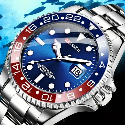 Reloj de negocios de acero inoxidable, 40mm, clásico, rojo, azul, círculo, serie de buceo, lupa, calendario, relojes de cuarzo, montre homme