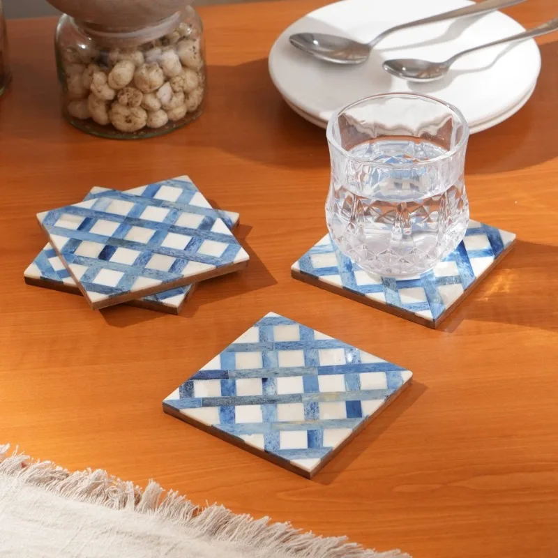 

Elegant White Blue Dyed Bone Inlaid Coaster Set – 4x4 Inch Square Table Decor for Home
