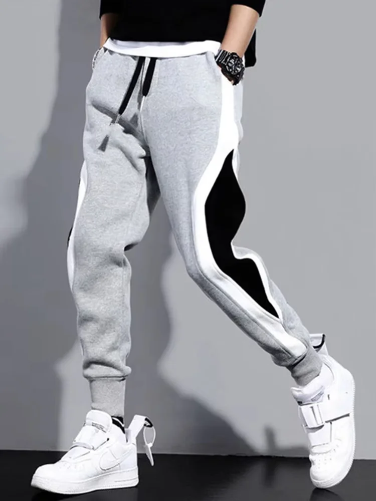 Calça casual larga larga larga masculina, com patchwork esportivo de nove pontos, calça de corda