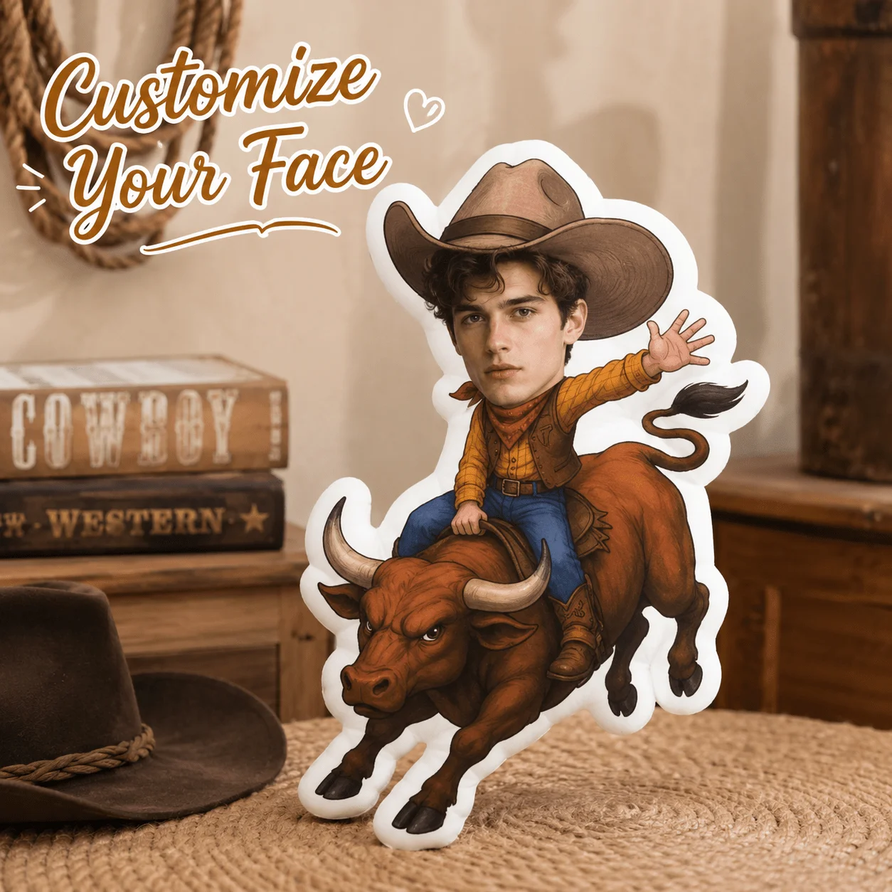Custom Personalized Photo Face Pillow, Cowboy Riding Bull Character Custom Shaped Decorative Cushion, 60cm Home Decor Accent Pil