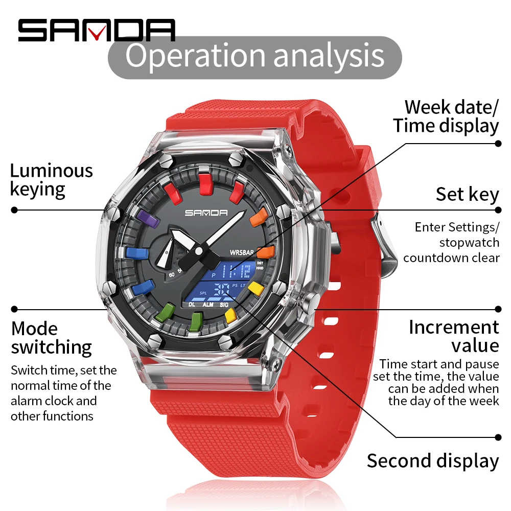 Sanda 3341 New Transparent Electronic Watch Multi functional Fashion Korean Men's Watch Waterproof Watch Alarm Clock Watch-1