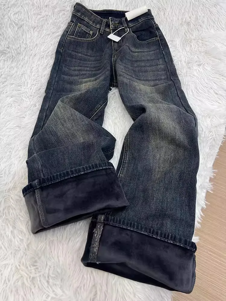 

Retro Fleece Lined Straight Leg Jeans Women's Autumn Winter plus Size Loose Slimming Wide Leg Floor Length Pants