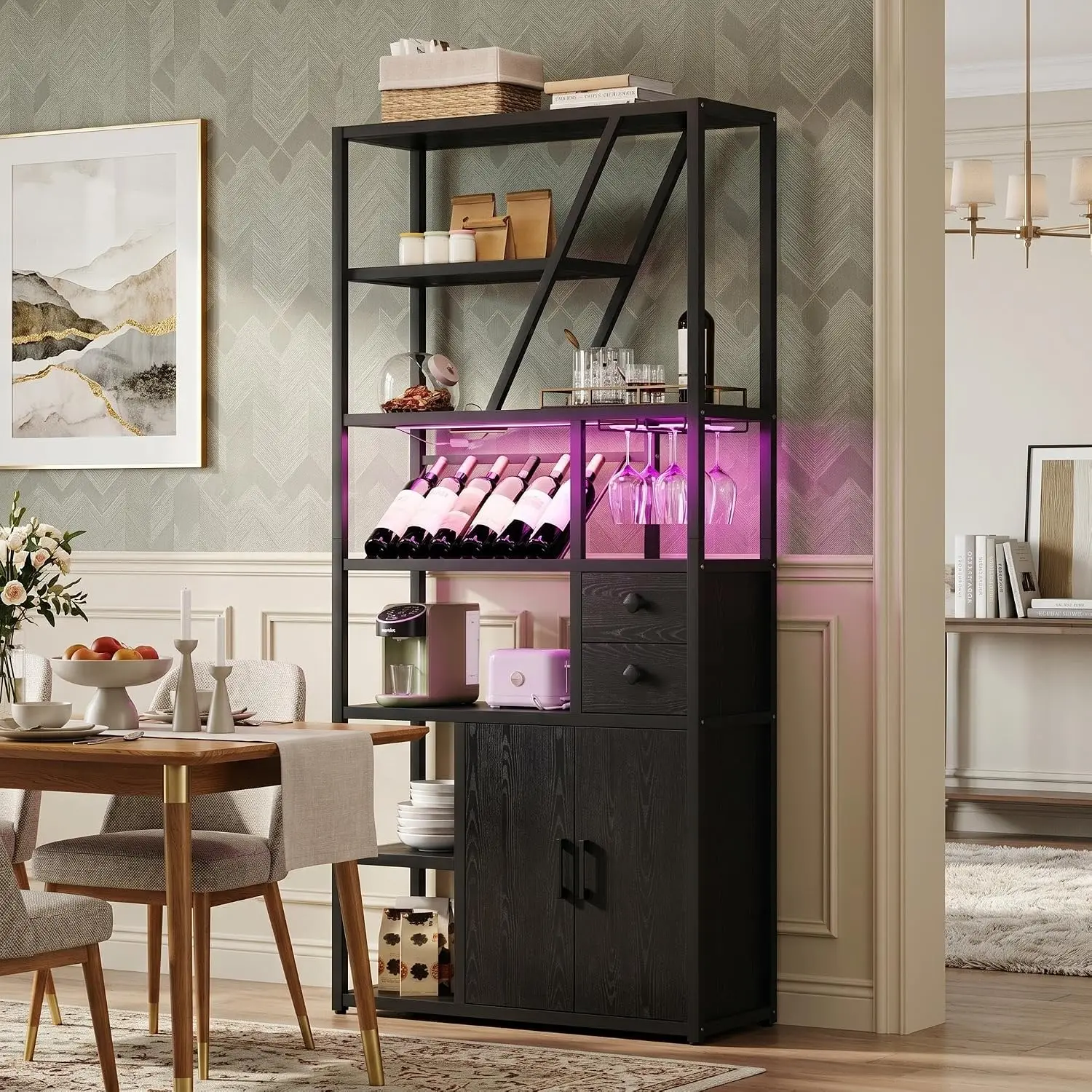 Modern Tall Bar Cabinet with LED Lights, Power Outlets & Wine Rack – Glass Holder, Bakers Rack, Coffee Bar and, Customized