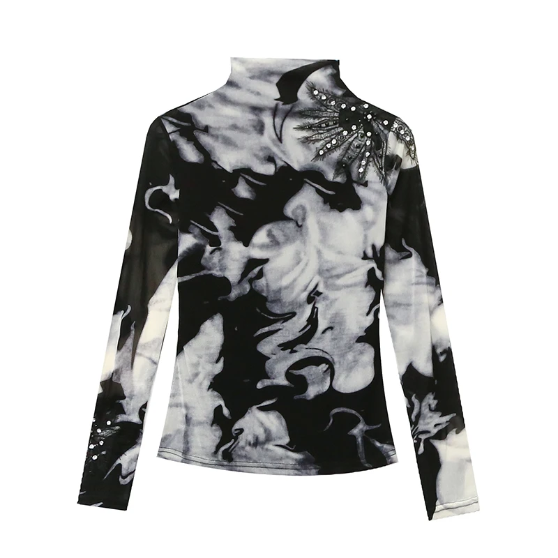 2024 New Fall Winter Korean Clothes Mesh T-Shirt Chic Sexy Wash Painting Patchwork Embroidery Women Tops Long Sleeve Tees 311050 image 3