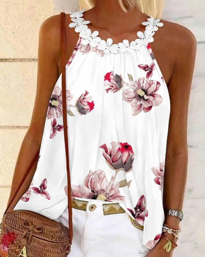 Summer Loose Tank for Women 2024 Basics Casual O-Neck Sleeveless Floral Print Guipure Lace Patch Daily Vacation Tank Top