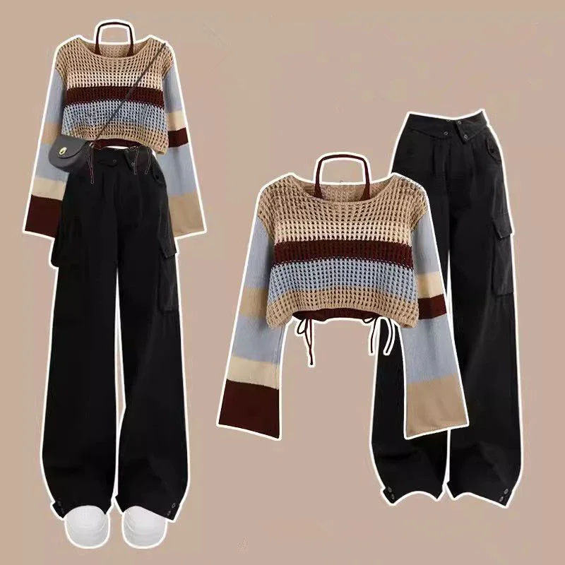 Women Autumn Personality Patchwork Knit Crop Tops Sling Cargo Pants 1 or 3 Piece Set Hotsweet Hollow Out Sweater Trousers Outfit