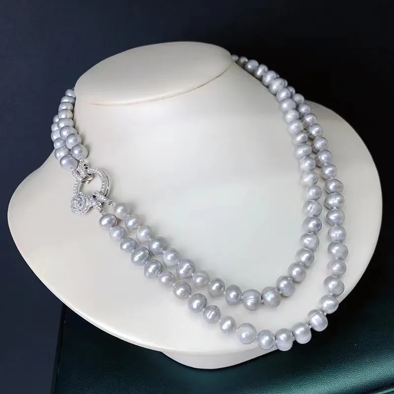 

2rows freshwater pearl gray /white near round 7-8mm necklace nature FPPJ wholesale beads